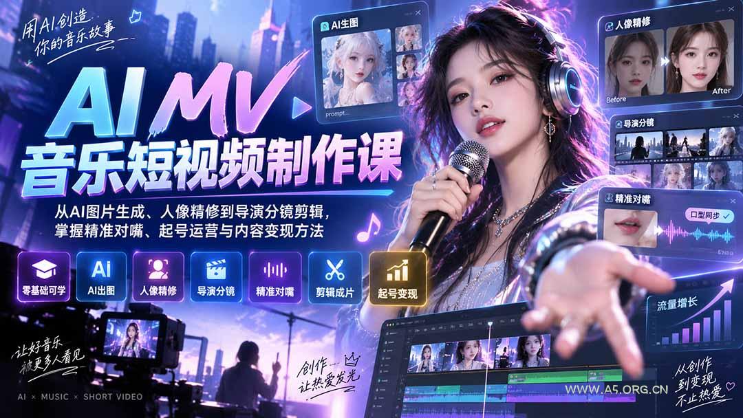AI MV音乐短视频制作课：从AI图片生成、人像精修到导演分镜剪辑，掌握精准对嘴、起号运营与内容变现方法 - 小红泡