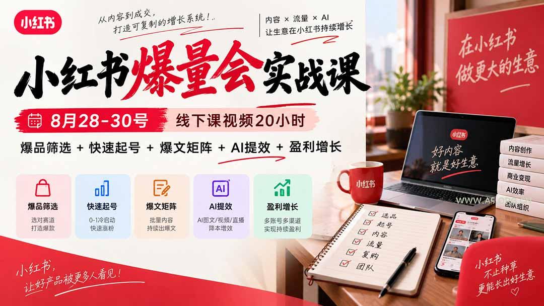 小红书爆量会实战课:8月28-30号线下课视频20小时,爆品筛选+快速起号+爆文矩阵+AI提效+盈利增长 - 小红泡 小红书爆量会实战课:8月28-30号线下课视频20小时,爆品筛选+快速起号+爆文矩阵+AI提效+盈利增长 - 小红泡