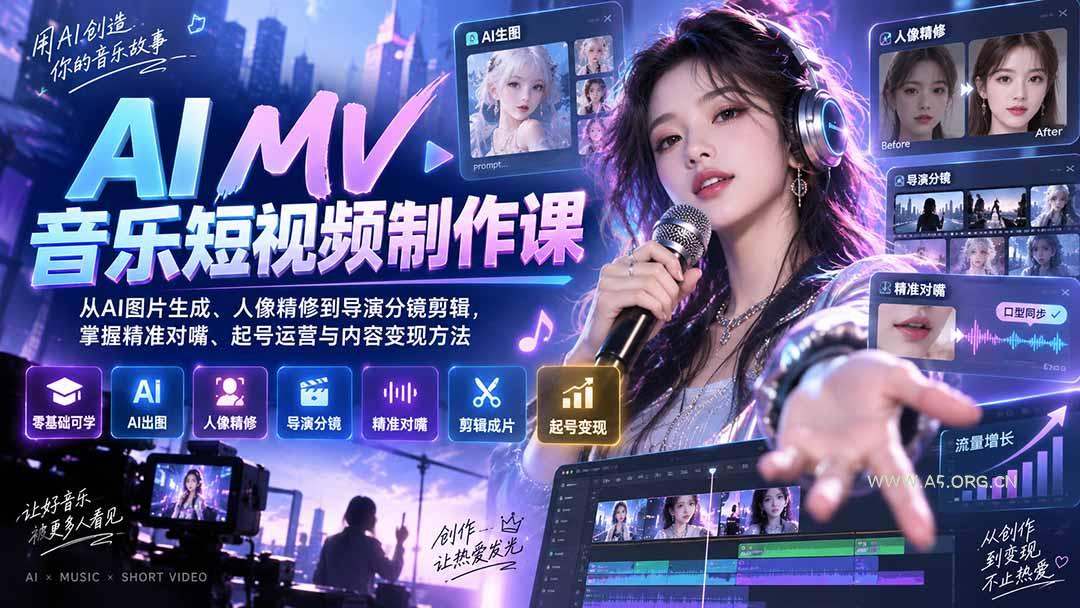 AI MV音乐短视频制作课:从AI图片生成、人像精修到导演分镜剪辑,掌握精准对嘴、起号运营与内容变现方法 - 小红泡 AI MV音乐短视频制作课:从AI图片生成、人像精修到导演分镜剪辑,掌握精准对嘴、起号运营与内容变现方法 - 小红泡