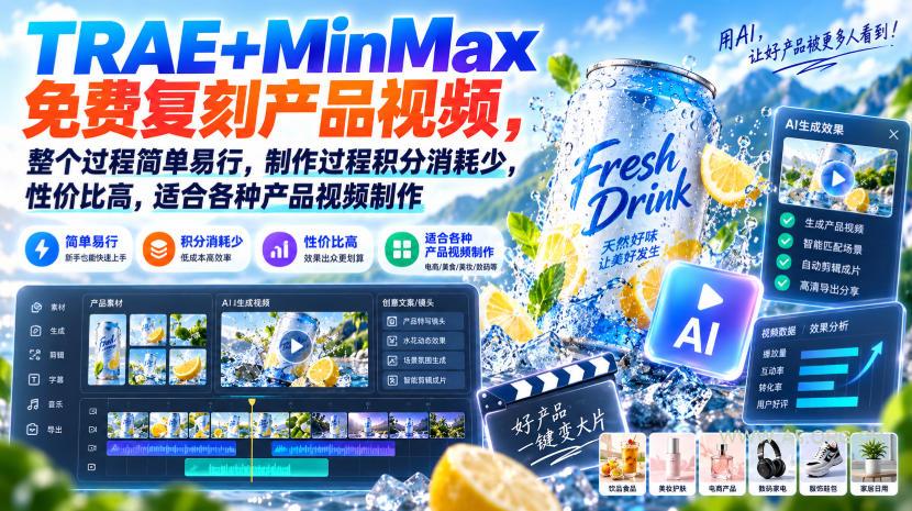 TRAE+MinMax免费复刻产品视频,整个过程简单易行,制作过程积分消耗少,性价比高,适合各种产品视频制作 - 小红泡 TRAE+MinMax免费复刻产品视频,整个过程简单易行,制作过程积分消耗少,性价比高,适合各种产品视频制作