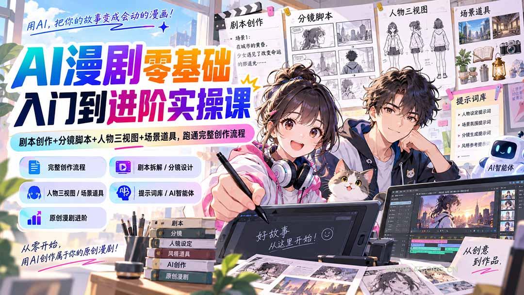 AI漫剧零基础入门到进阶实操课:剧本创作+分镜脚本+人物三视图+场景道具,跑通完整创作流程 - 小红泡 AI漫剧零基础入门到进阶实操课:剧本创作+分镜脚本+人物三视图+场景道具,跑通完整创作流程 - 小红泡