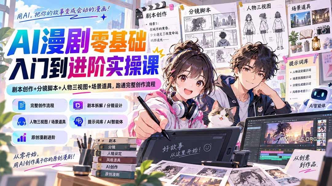 AI漫剧零基础入门到进阶实操课：剧本创作+分镜脚本+人物三视图+场景道具，跑通完整创作流程 - 小红泡
