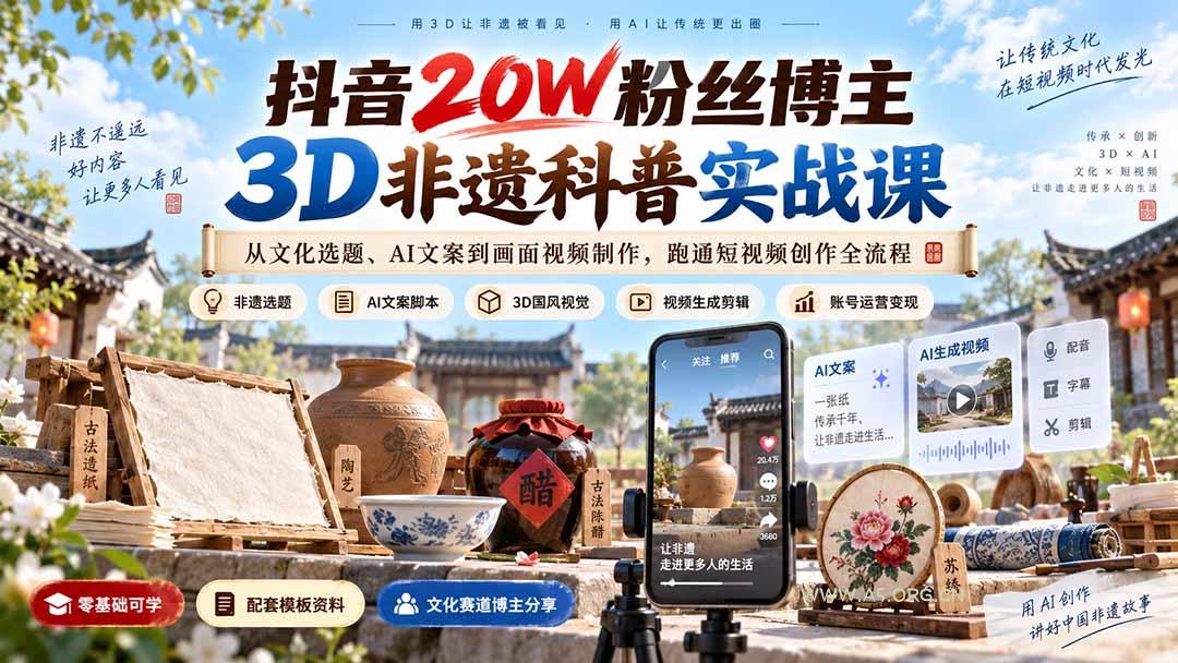 抖音20W粉丝博主3D非遗科普实战课：从文化选题、AI文案到画面视频制作，跑通短视频创作全流程 - 小红泡