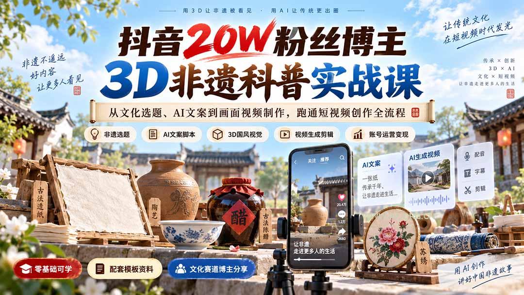 抖音20W粉丝博主3D非遗科普实战课：从文化选题、AI文案到画面视频制作，跑通短视频创作全流程 - 小红泡