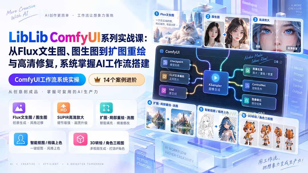 LibLib ComfyUI系列实战课：从Flux文生图、图生图到扩图重绘与高清修复，系统掌握AI工作流搭建 - 小红泡
