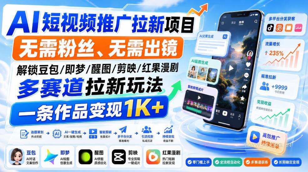 AI短视频推广拉新项目，无需粉丝、无需出镜，解锁豆包/即梦/醒图/剪映/红果漫剧多赛道拉新玩法，一条作品变现1K+（更新0910）