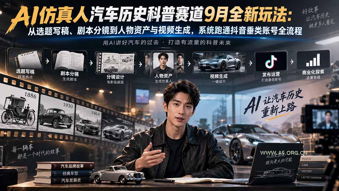 AI仿真人汽车历史科普赛道9月全新玩法：从选题写稿、剧本分镜到人物资产与视频生成，系统跑通抖音垂类账号全流程 - 小红泡