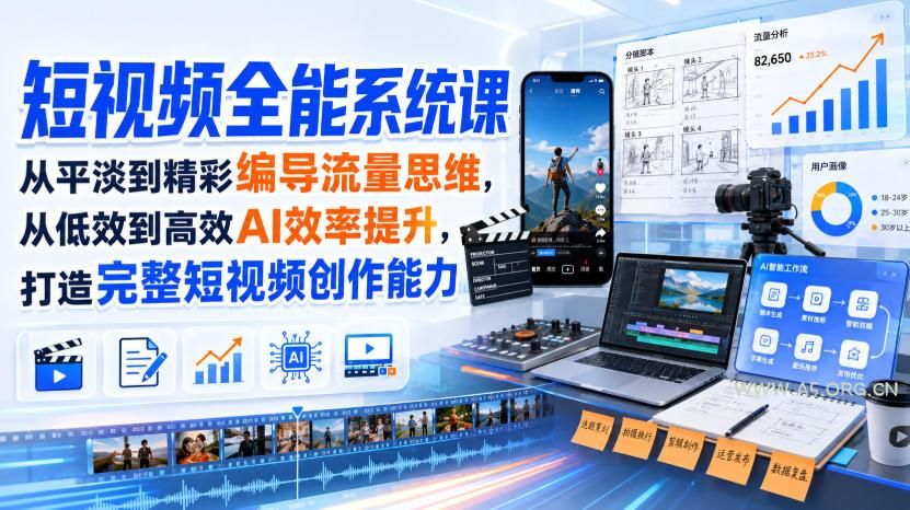 短视频全能系统课，从平淡到精彩编导流量思维，从低效到高效AI效率提升，打造完整短视频创作能力（完整版）