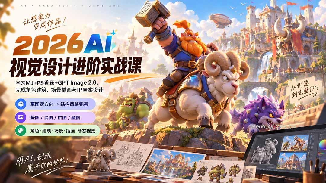 2026AI视觉设计进阶实战课-更新：学习MJ+PS香蕉+GPT Image 2.0，完成角色建筑、场景插画与IP全案设计 - 小红泡