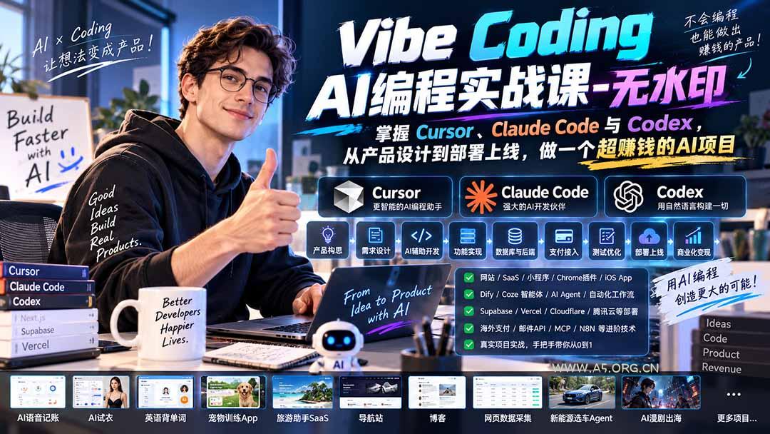 Vibe Coding AI编程实战课-无水印:掌握Cursor、Claude Code与Codex,从产品设计到部署上线,做一个超赚钱的AI项目 - 小红泡 Vibe Coding AI编程实战课-无水印:掌握Cursor、Claude Code与Codex,从产品设计到部署上线,做一个超赚钱的AI项目 - 小红泡