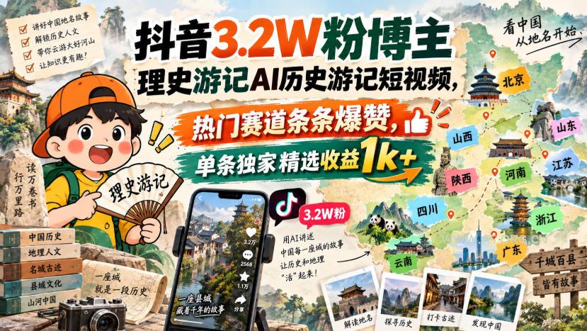 抖音3.2W粉博主理史游记AI历史游记短视频教学,热门赛道条条爆赞,单条独家精选收益1k+ - 小红泡 抖音3.2W粉博主理史游记AI历史游记短视频教学,热门赛道条条爆赞,单条独家精选收益1k+