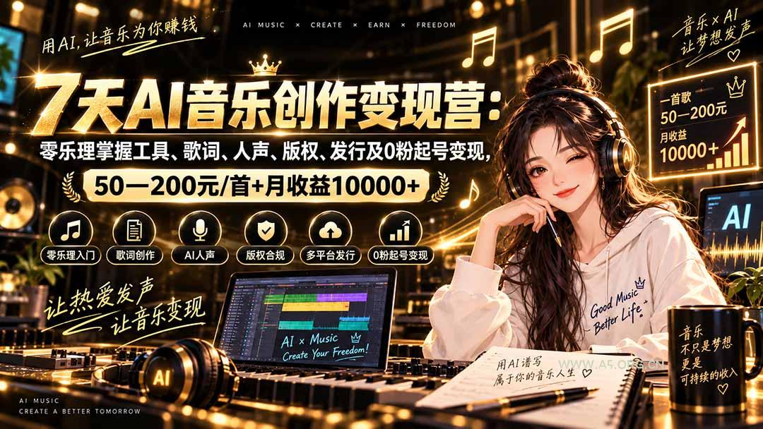 AI音乐创作变现营：零乐理掌握工具、歌词、人声、版权、发行及0粉起号变现，50&mdash;200元/首+月收益10000+ - 小红泡