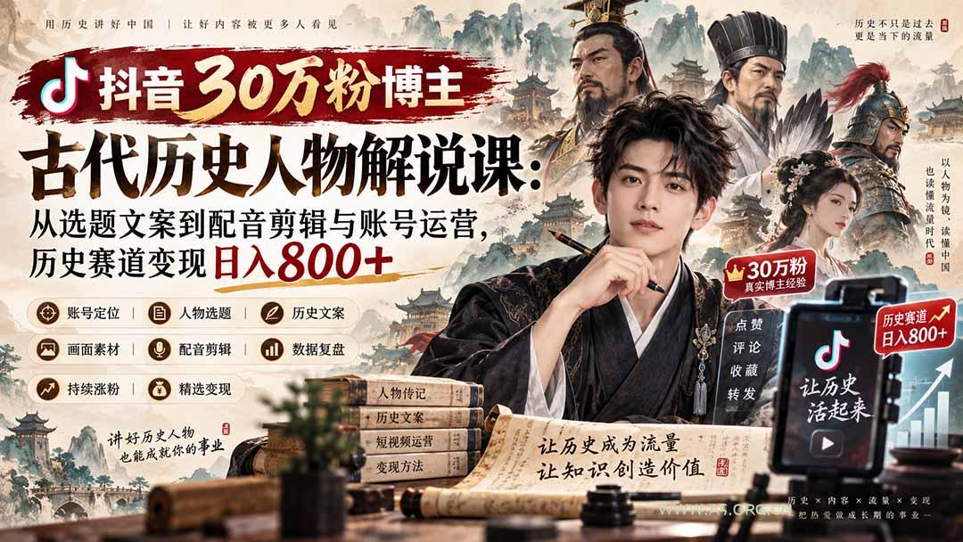 抖音30万粉博主古代历史人物解说课：从选题文案到配音剪辑与账号运营，历史赛道变现日入800+ - 小红泡