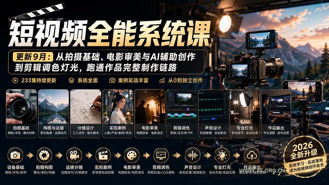 短视频全能系统课-9月完整版：从拍摄基础、电影审美与AI辅助创作到剪辑调色灯光，跑通作品完整制作链路 - 小红泡