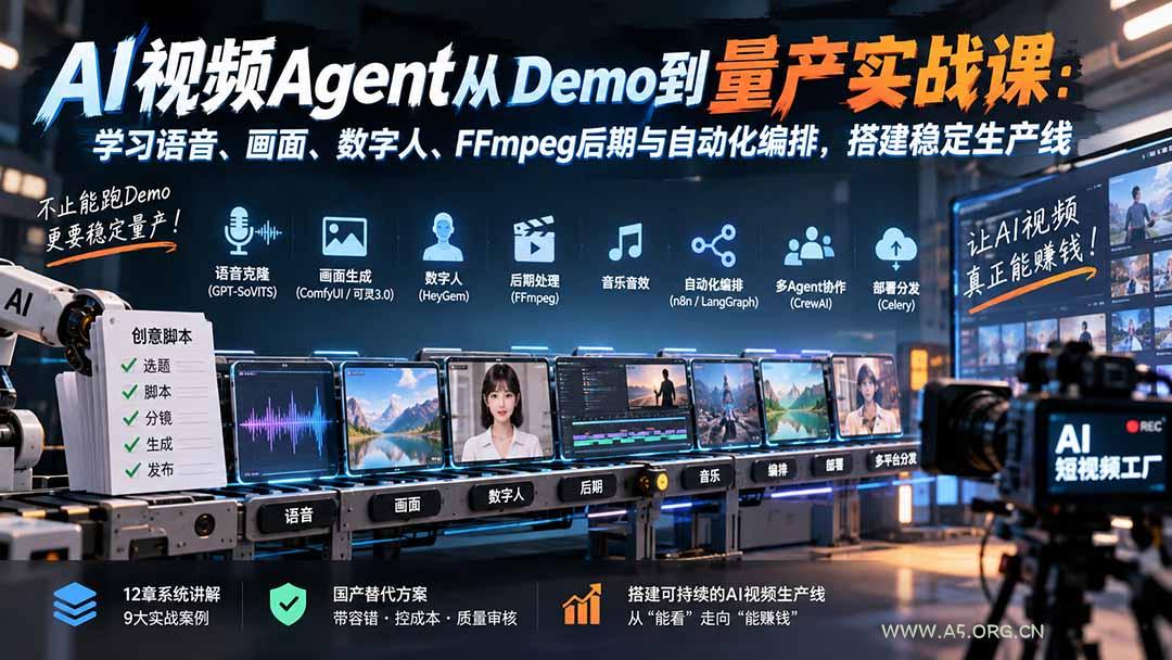 AI视频Agent从Demo到量产实战课:学习语音、画面、数字人、FFmpeg后期与自动化编排,搭建稳定生产线 - 小红泡 AI视频Agent从Demo到量产实战课:学习语音、画面、数字人、FFmpeg后期与自动化编排,搭建稳定生产线 - 小红泡