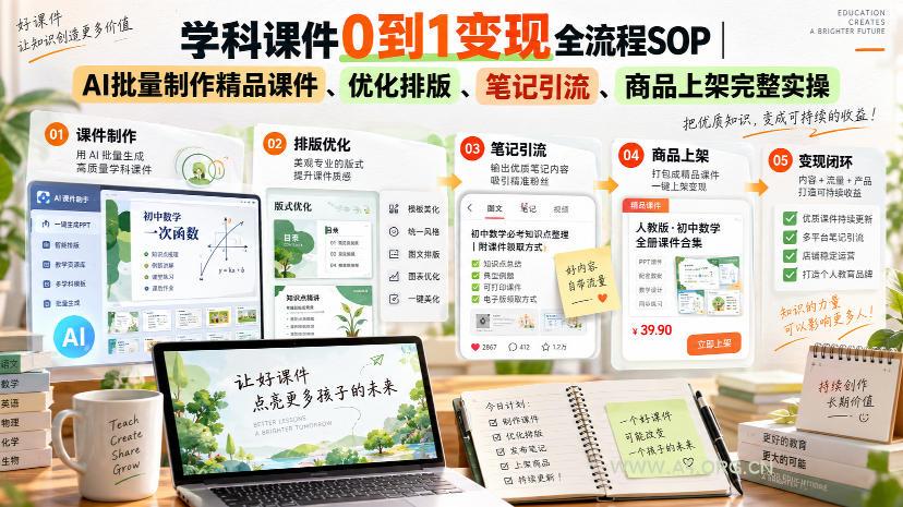 学科课件0到1变现全流程SOP|AI批量制作精品课件、优化排版、笔记引流、商品上架完整实操 - 小红泡 学科课件0到1变现全流程SOP|AI批量制作精品课件、优化排版、笔记引流、商品上架完整实操