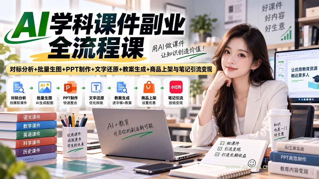 AI学科课件副业全流程课｜对标分析+批量生图+PPT制作+文字还原+教案生成+商品上架与笔记引流变现 - 小红泡