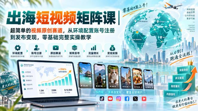 出海短视频矩阵课|超简单的视频原创赛道,从环境配置账号注册到发布变现,零基础完整实操教学 - 小红泡 出海短视频矩阵课|超简单的视频原创赛道,从环境配置账号注册到发布变现,零基础完整实操教学