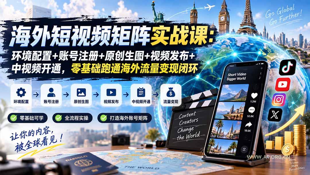 海外短视频矩阵实战课：环境配置+账号注册+原创生图+视频发布+中视频开通，零基础跑通海外流量变现闭环 - 小红泡
