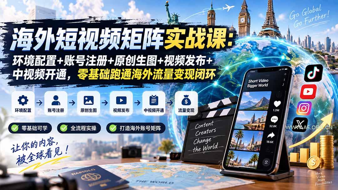 海外短视频矩阵实战课:环境配置+账号注册+原创生图+视频发布+中视频开通,零基础跑通海外流量变现闭环 - 小红泡 海外短视频矩阵实战课:环境配置+账号注册+原创生图+视频发布+中视频开通,零基础跑通海外流量变现闭环 - 小红泡