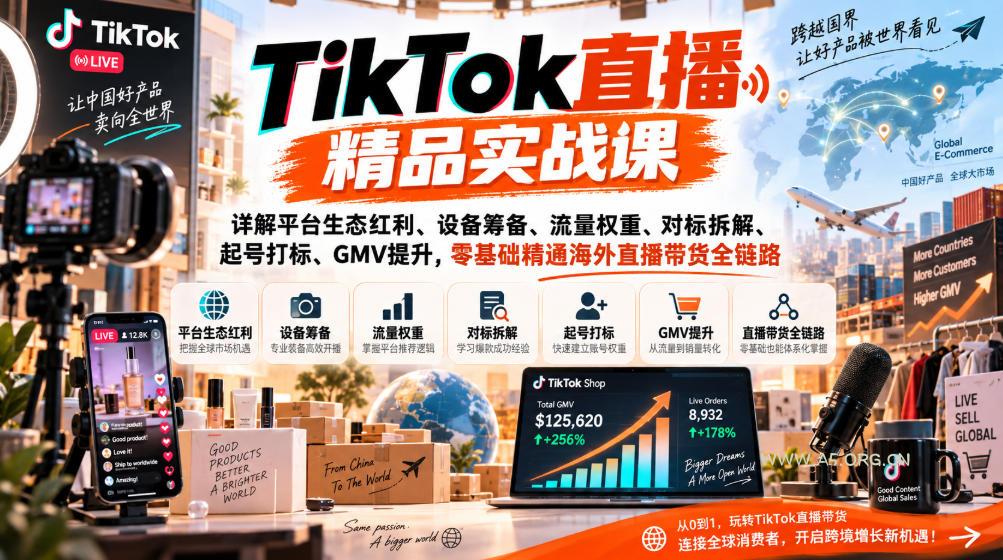 TikTok直播精品实战课,详解平台生态红利、设备筹备、流量权重、对标拆解、起号打标、GMV提升,零基础精通海外直播带货全链路 - 小红泡 TikTok直播精品实战课,详解平台生态红利、设备筹备、流量权重、对标拆解、起号打标、GMV提升,零基础精通海外直播带货全链路