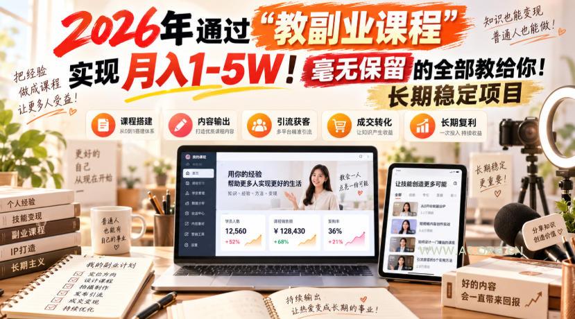 2026年通过“教副业课程”实现月入1-5W!毫无保留的全部教给你!长期稳定项目 - 小红泡 2026年通过“教副业课程”实现月入1-5W!毫无保留的全部教给你!长期稳定项目 - 小红泡