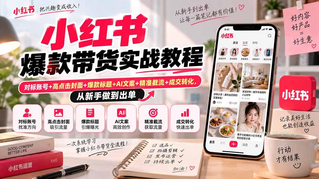 小红书爆款带货实战教程｜对标账号+高点击封面+爆款标题+AI文案+精准截流+成交转化，从新手做到出单 - 小红泡
