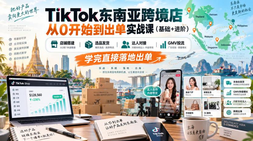 TikTok东南亚跨境店从0开始到出单实战课(基础+进阶),店铺搭建、选品发货、达人对接、GMV投流,学完直接落地出单 - 小红泡 TikTok东南亚跨境店从0开始到出单实战课(基础+进阶),店铺搭建、选品发货、达人对接、GMV投流,学完直接落地出单