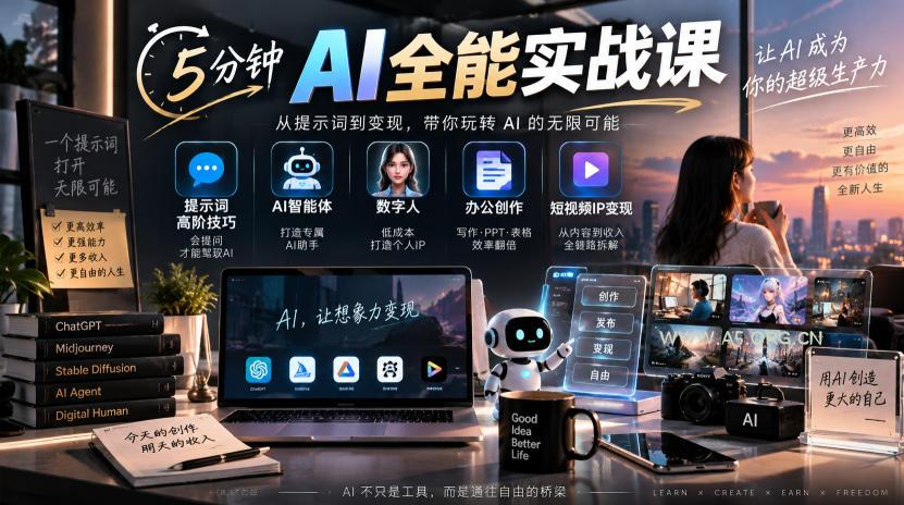 5分钟AI全能实战课|提示词高阶技巧+AI智能体+数字人+办公创作+短视频IP变现全教程 - 小红泡 5分钟AI全能实战课|提示词高阶技巧+AI智能体+数字人+办公创作+短视频IP变现全教程