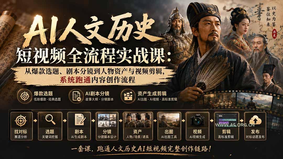 AI人文历史短视频全流程实战课-更新:从爆款选题、剧本分镜到人物资产与视频剪辑,系统跑通内容创作流程 - 小红泡 AI人文历史短视频全流程实战课-更新:从爆款选题、剧本分镜到人物资产与视频剪辑,系统跑通内容创作流程 - 小红泡