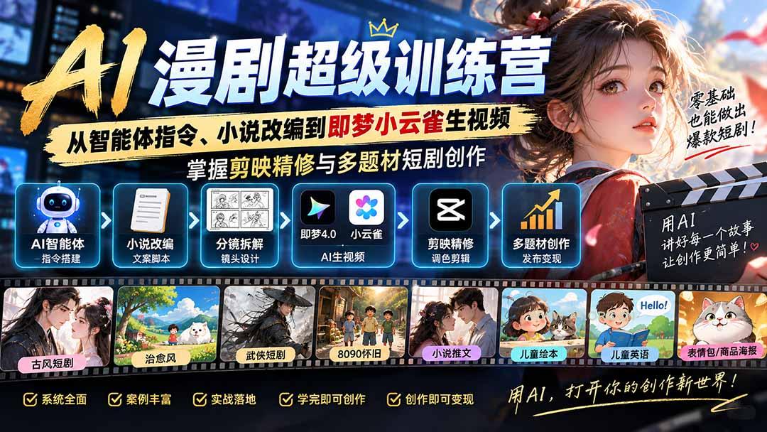 AI漫剧超级特训营：从智能体指令、小说改编到即梦小云雀生视频，掌握剪映精修与多题材短剧创作 - 小红泡