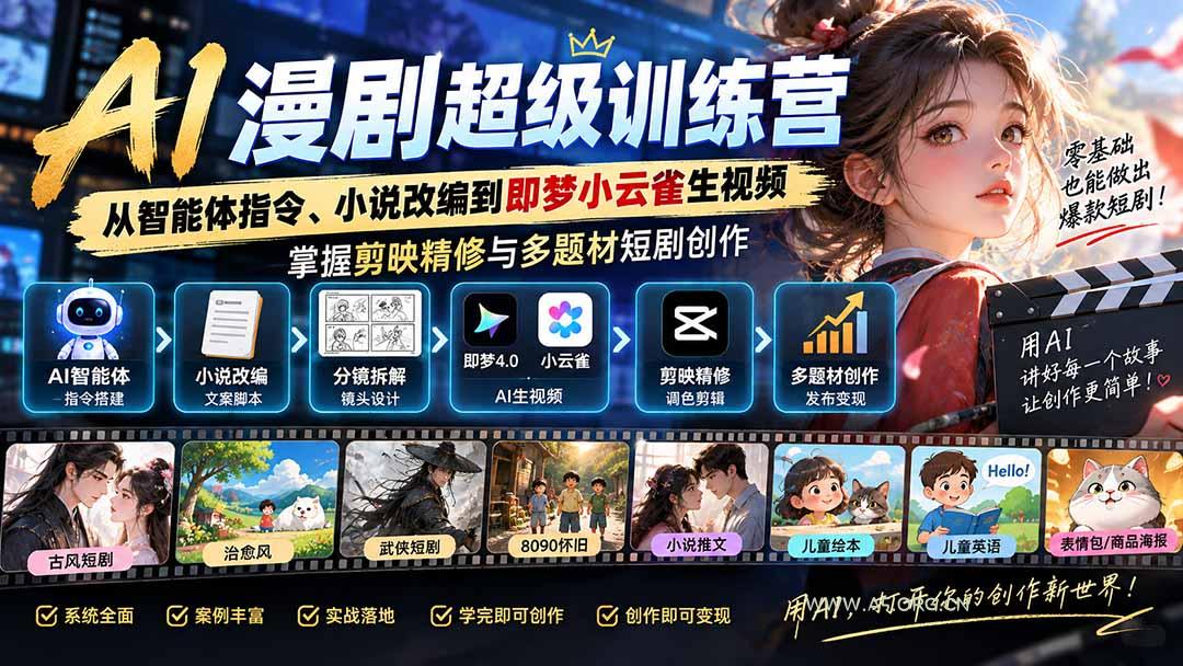 AI漫剧超级特训营：从智能体指令、小说改编到即梦小云雀生视频，掌握剪映精修与多题材短剧创作 - 小红泡