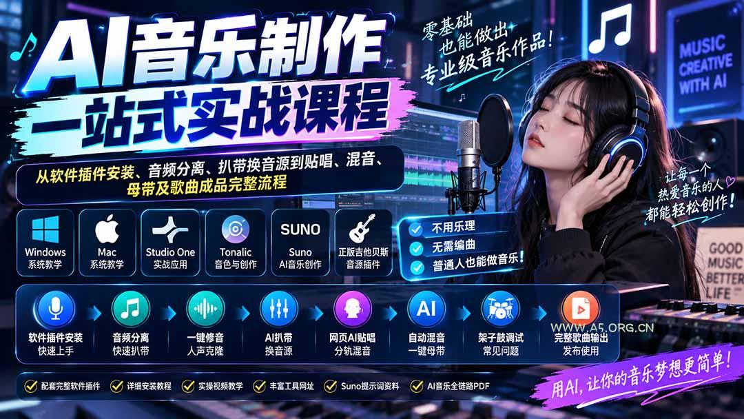 AI音乐制作一站式实战课程：从软件插件安装、音频分离、扒带换音源到贴唱、混音、母带及歌曲成品完整流程 - 小红泡