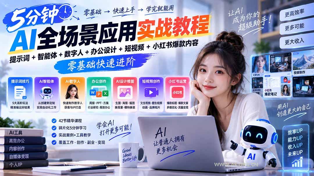 AI全场景应用实战教程｜提示词+智能体+数字人+办公设计+短视频+小红书爆款内容，零基础快速进阶 - 小红泡