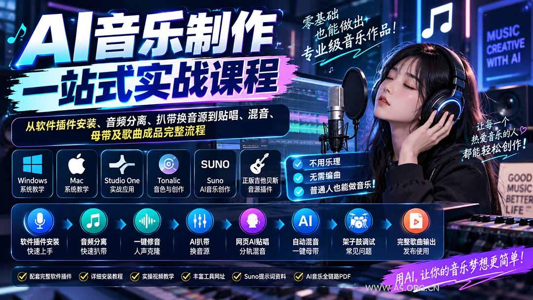 AI音乐制作一站式实战课程：从软件插件安装、音频分离、扒带换音源到贴唱、混音、母带及歌曲成品完整流程 - 小红泡