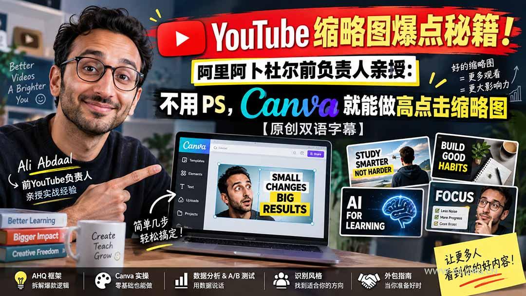 YouTube 缩略图爆点秘籍！阿里阿卜杜尔前负责人亲授：不用 PS，Canva 就能做高点击缩略图【原创双语字幕】 - 小红泡