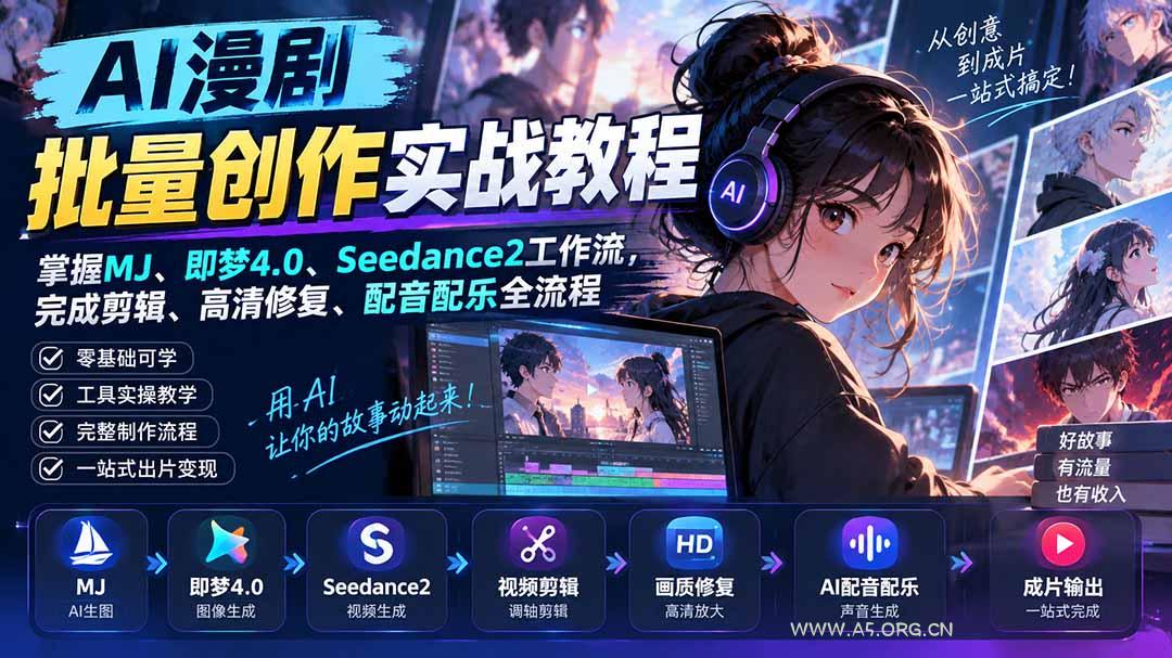 AI漫剧批量创作实战教程：掌握MJ、即梦4.0、Seedance2工作流，完成剪辑、高清修复、配音配乐全流程 - 小红泡