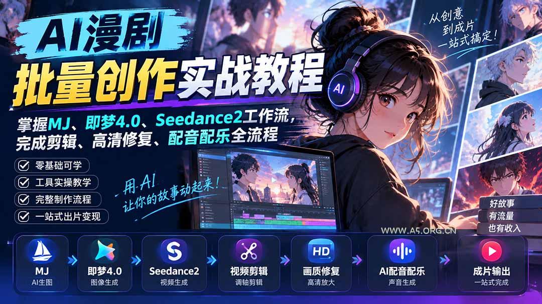 AI漫剧批量创作实战教程:掌握MJ、即梦4.0、Seedance2工作流,完成剪辑、高清修复、配音配乐全流程 - 小红泡 AI漫剧批量创作实战教程:掌握MJ、即梦4.0、Seedance2工作流,完成剪辑、高清修复、配音配乐全流程 - 小红泡