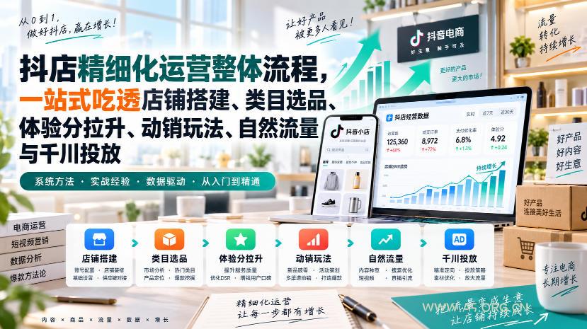 李哥电商-抖店精细化运营整体流程,一站式吃透店铺搭建、类目选品、体验分拉升、动销玩法、自然流量与千川投放 - 小红泡 李哥电商-抖店精细化运营整体流程,一站式吃透店铺搭建、类目选品、体验分拉升、动销玩法、自然流量与千川投放