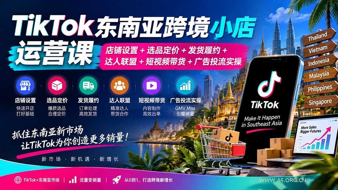 TikTok东南亚跨境小店运营课：店铺设置+选品定价+发货履约+达人联盟+短视频带货+广告投流实操 - 小红泡