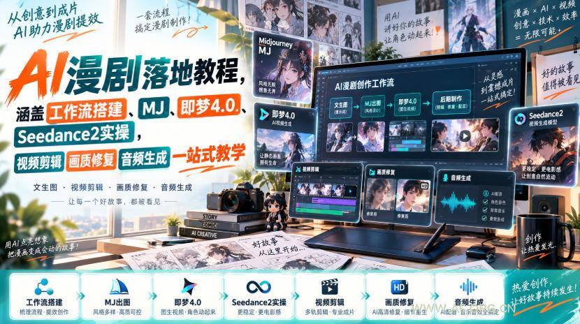 AI漫剧落地教程,涵盖工作流搭建、MJ、即梦4.0、Seedance2实操,视频剪辑画质修复音频生成一站式教学 - 小红泡 AI漫剧落地教程,涵盖工作流搭建、MJ、即梦4.0、Seedance2实操,视频剪辑画质修复音频生成一站式教学