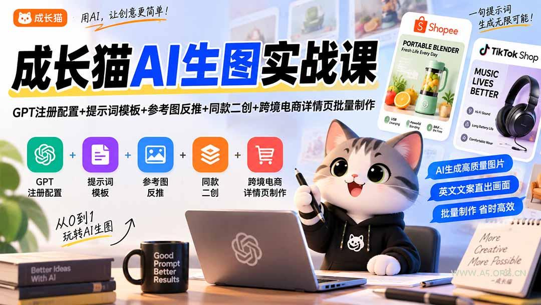 成长猫AI生图实战课｜GPT注册配置+提示词模板+参考图反推+同款二创+跨境电商详情页批量制作 - 小红泡