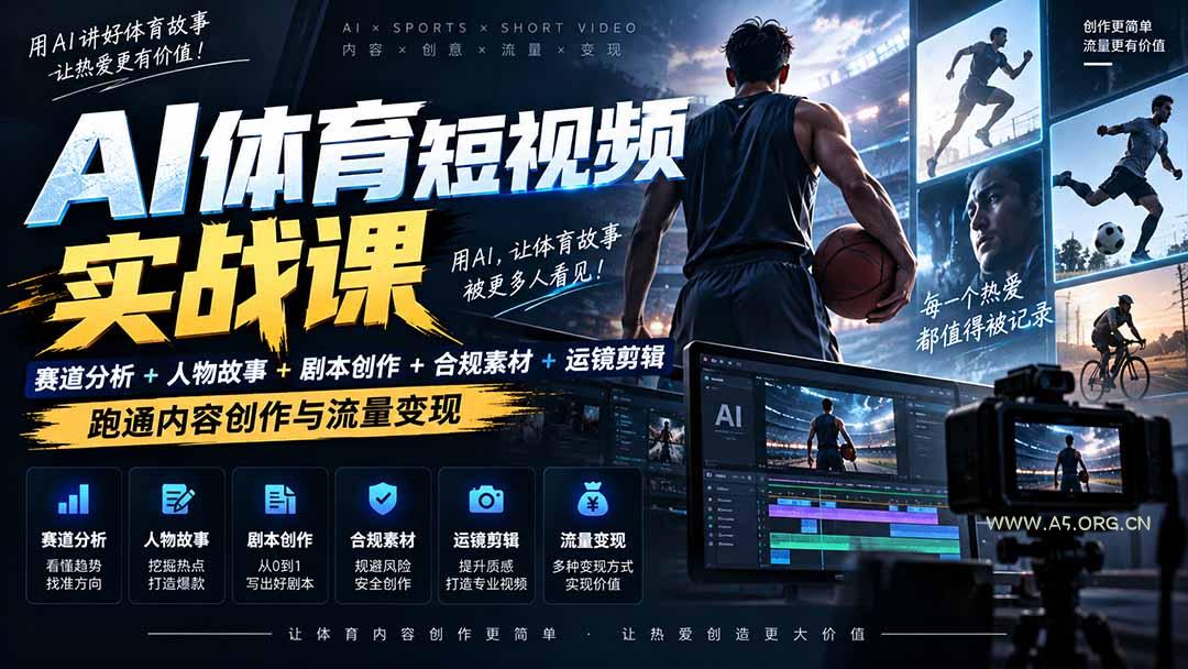 AI体育短视频赛道顶级玩法｜赛道分析+人物故事+剧本创作+版权处理+运镜剪辑，跑通流量变现-日赚1K+ - 小红泡