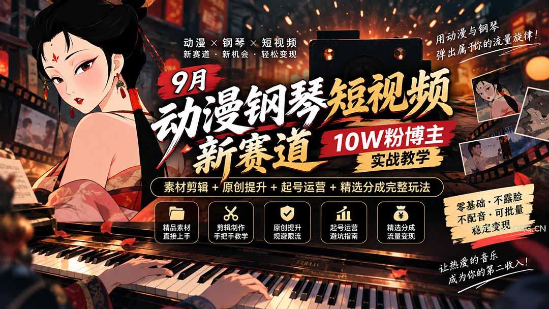 9月动漫钢琴短视频新赛道｜10W粉博主实战教学，素材剪辑+原创提升+起号运营+精选分成完整玩法 - 小红泡