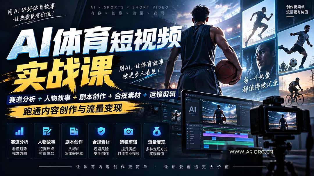 AI体育短视频赛道顶级玩法｜赛道分析+人物故事+剧本创作+版权处理+运镜剪辑，跑通流量变现-日赚1K+ - 小红泡