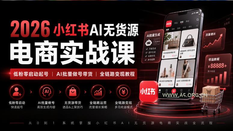 2026小红书AI无货源电商实战课｜低粉零启动起号｜AI批量做号带货全链路变现教程