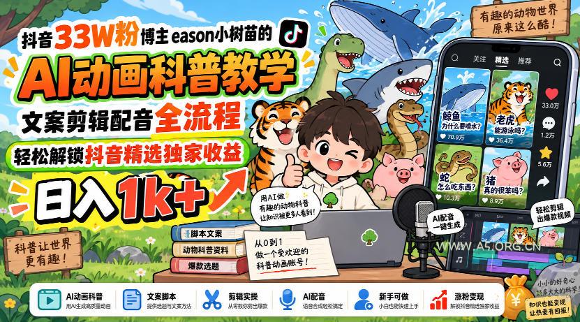 抖音33W粉博主eason小树苗的AI动画科普教学，文案剪辑配音全流程，轻松解锁抖音精选独家收益，日入1k+