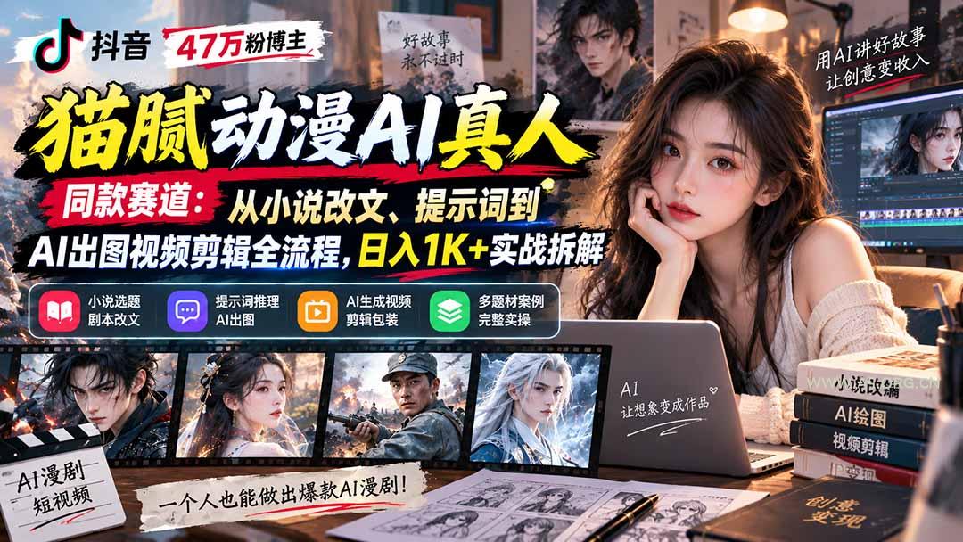 抖音47万粉博主猫腻动漫AI真人同款赛道：从小说改文、提示词到AI出图视频剪辑全流程，日入1K+实战拆解 - 小红泡