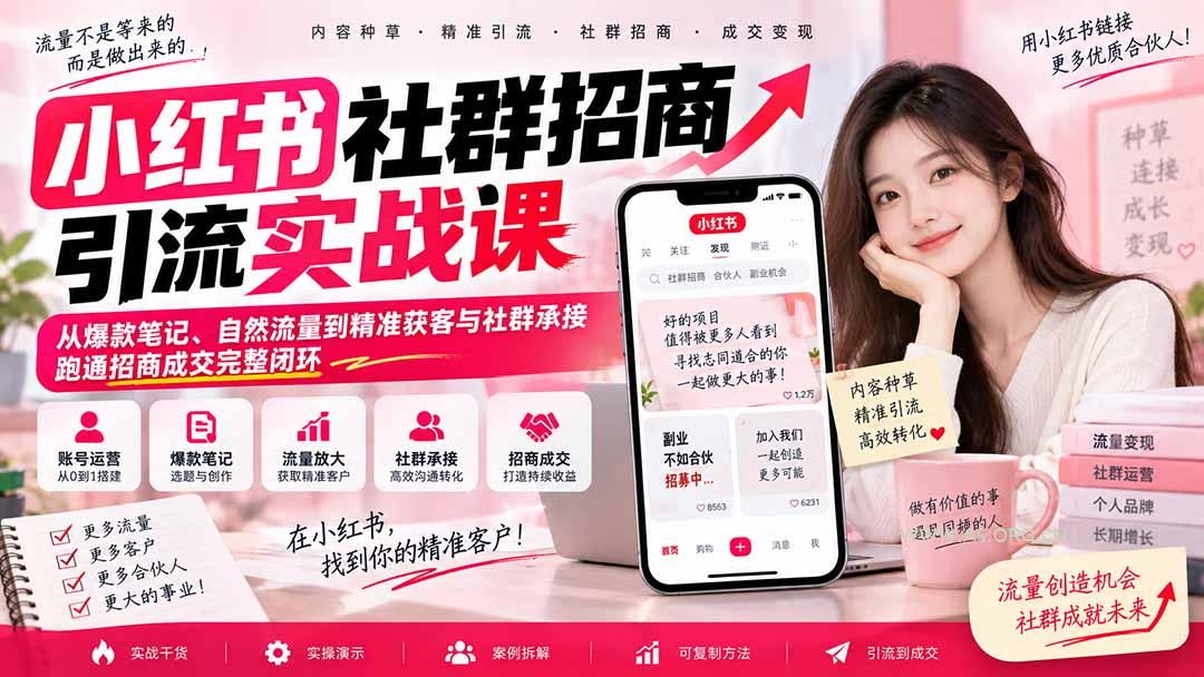 小红书社群招商引流实战课-无水印：从爆款笔记、自然流量到精准获客与社群承接，跑通招商成交完整闭环 - 小红泡