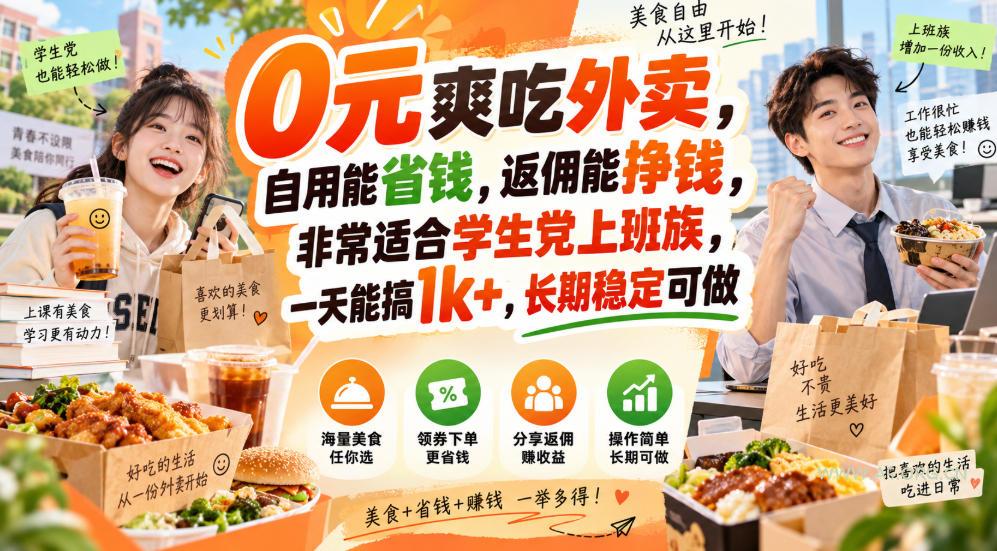 0元爽吃外卖,自用能省钱,返佣能挣钱,非常适合学生党上班族,一天能搞1k+,长期稳定可做 - 小红泡 0元爽吃外卖,自用能省钱,返佣能挣钱,非常适合学生党上班族,一天能搞1k+,长期稳定可做